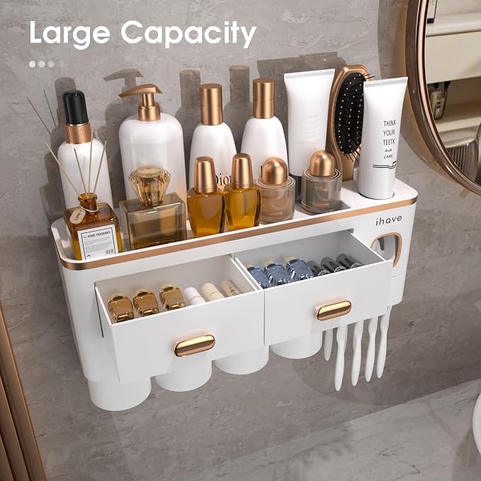 iHave Toothbrush Holders Bathrooms Wall Mount Toothpaste Dispenser & 4 Cups | Elegant White & Gold Bathroom Decor: 4 Cups, 7 Slots, Toothpaste Dispenser, Tray & Drawer Wall Mount Toothbrush Organizer