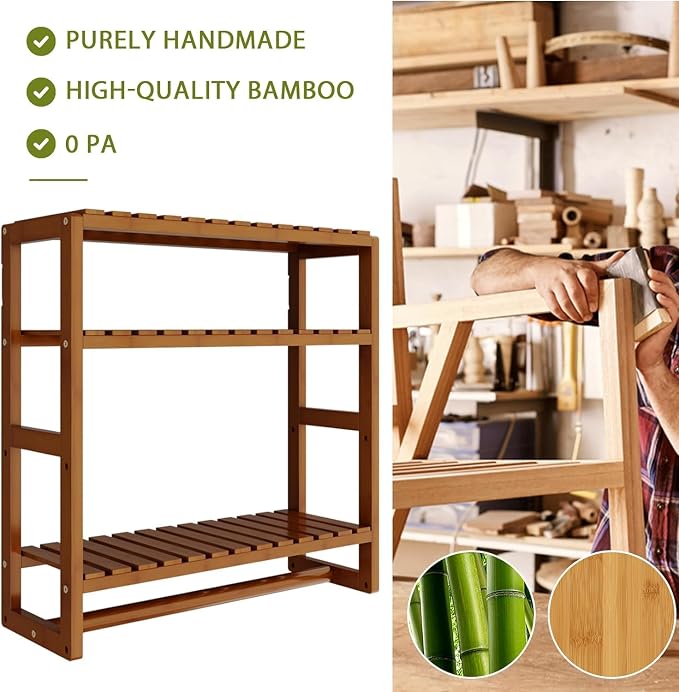 Galood Over The Toilet Storage Bathroom Shelves Wall Mounted 3 Tier Brown | Space Saver Corner Shelf Organizer Bamboo Towel Rack Toilet Paper Cabinet with Hanging Rod