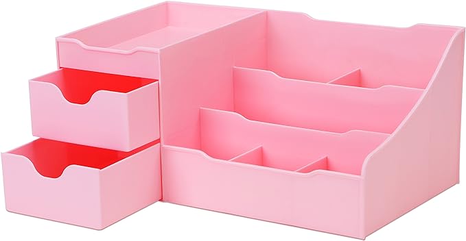 Makeup Organizer With Drawers - Cute Kawaii Countertop Storage for Cosmetics, Pretty Vanity Holder for Perfume, Skincare, Brush, Lipstick, Nail Polish and other Accessories (Pink)