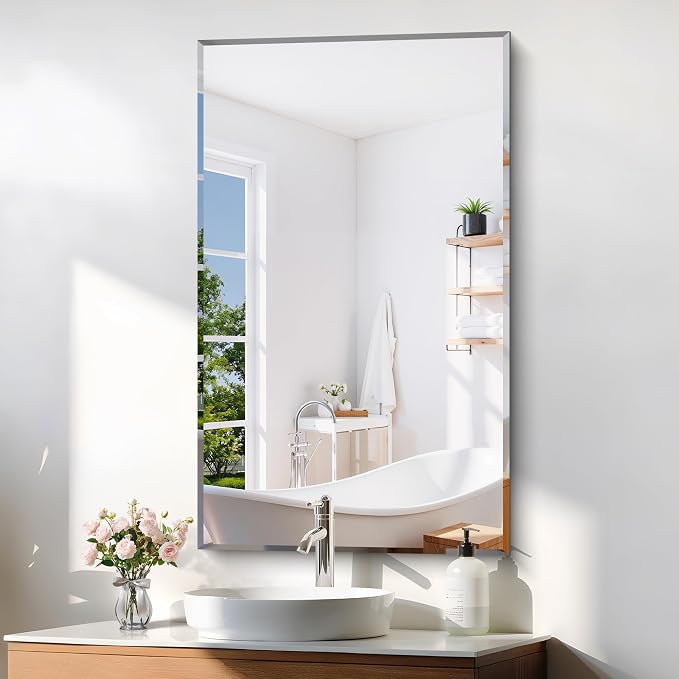 KOCUUY Beveled Mirror, 24x40 Inch Frameless Bathroom Mirror for Over Sink, Upgraded Shatterproof Beveled Unframed Design Mirror for Bathroom, Bedroom, Hang Horizontal/Vertical