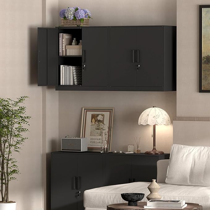 Metal Wall Cabinet,Garage Cabinet with Handle,Lockable Storage Cabinets Wall Mounted with 2 Doors,Locking Cabinet with Shelves for Basement,Office,Living Home,Black