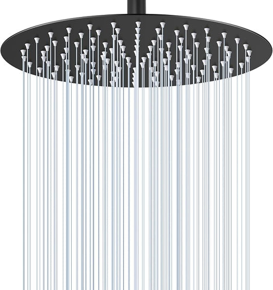 12 inch Matte Black Rainfall Shower Head - All Metal Stainless Steel Full Body Round Rain Shower with 120 Silicone Nozzles