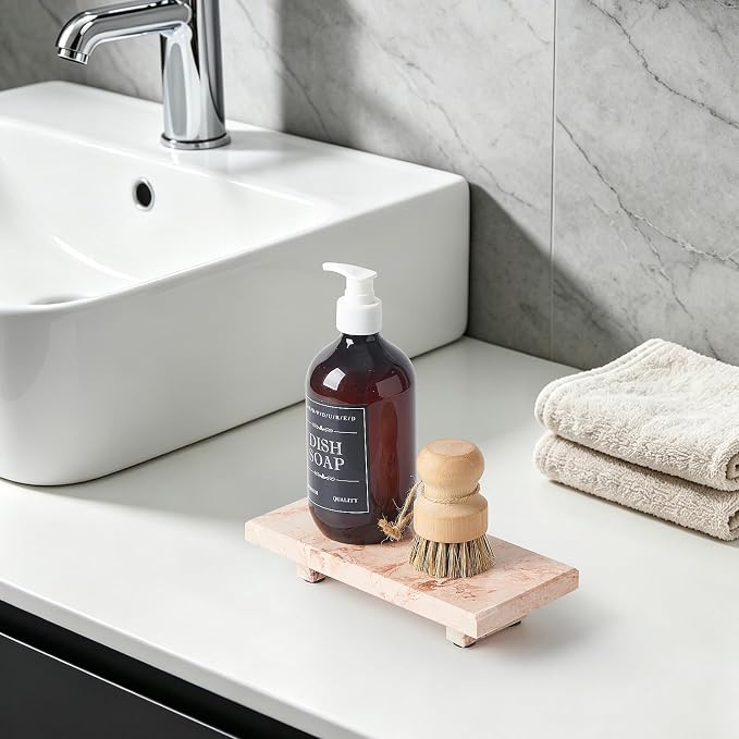 Natural Marble Tray Pedestal Stand, Stone Riser for Bathroom, Kitchen Sink | Stone pedestal riser, unique veining. Hand-polished, waterproof. Soap & vanity display. Perfume & candle catchall. Non-slip.