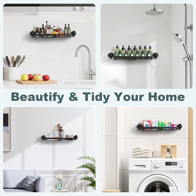 JOTPE Expandable Shower Caddy, No-Drill Suction Shower Shelf, Black | Expandable Shower Caddy with Strong Suction, No-Drill Installation and Spacious Storage for Shampoo, Soap and Bath Essentials
