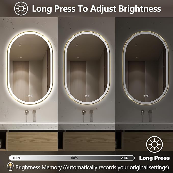 Oval LED Bathroom Mirror, Backlit + Front Lit Mirror Old Gold Frame | 3 Color Dimmable, Anti-Fog, 48"x30", Memory Function, Shatter-Proof, HD Glass, Pill-Shaped Mirror, Vertical or Horizontal