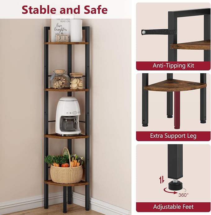 Corner Shelf Stand 4 Tier 48.5" with Metal Frame, Rustic Brown | Industrial Small Corner Shelf Narrow, Multipurpose Tall Corner Bookshelf, Corner Table Bedroom, Living Room, Office, Kitchen