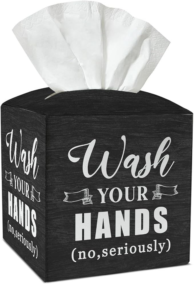 Bathroom Tissue Box Covers Square - Wash Your Hands, Leather Tissue Box Holders Decorative for Home Bathroom Restroom Shelf, Square Facial Paper Organizer Home Decor -029
