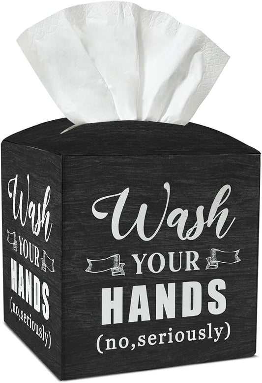 Bathroom Tissue Box Covers Square - Wash Your Hands, Leather Tissue Box Holders Decorative for Home Bathroom Restroom Shelf, Square Facial Paper Organizer Home Decor -029