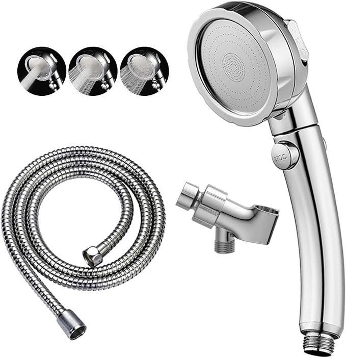 High Pressure Handheld Shower Head with ON/OFF Pause Switch | 3 Spray Modes Shower Wand with Shut Off Button, Camper & RV Showerhead with Hose & Angle Adjustable Bracket, Chrome Finish