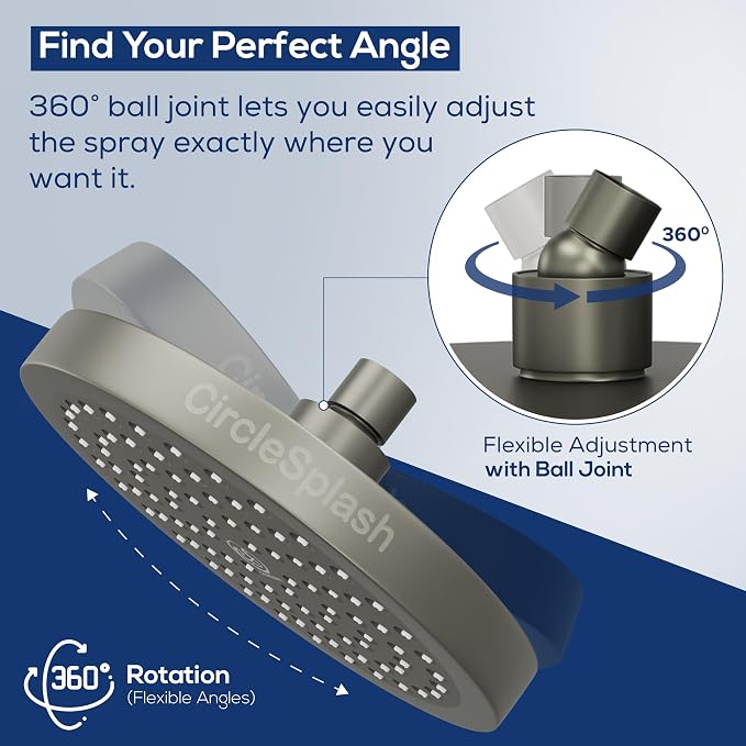 Shower Head - High Pressure 2.5 GPM - Matte Grey | Anti-clog silicone nozzles, removable restrictor, easy-clean fixed replacement
