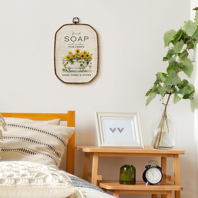 Yjeslw Vintage Sunflower Bathroom Octagon Wall Art Decor, Rustic Farmhouse Framed Canvas Prints, Cottagecore Neutral Flower Bathtub Wall Hanging Decorations for Bathroom Washroom Decor, 10.2x7 Inches