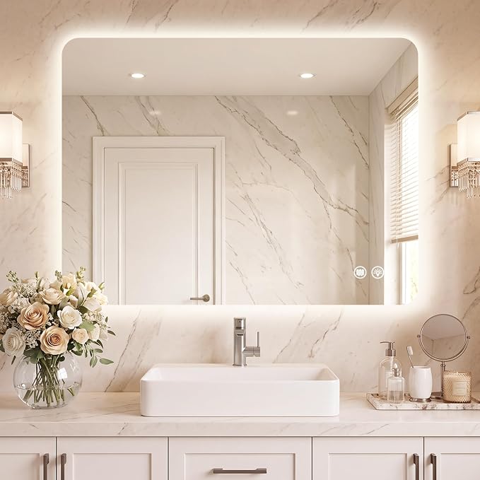 30''x40'' Lighted Mirrors for Bathroom Wall Backlit Rectangular LED Bathroom Mirror Frameless with Anti Fog, Dimmable, 3 Colors,Tempered Glass, Shatter-Proof