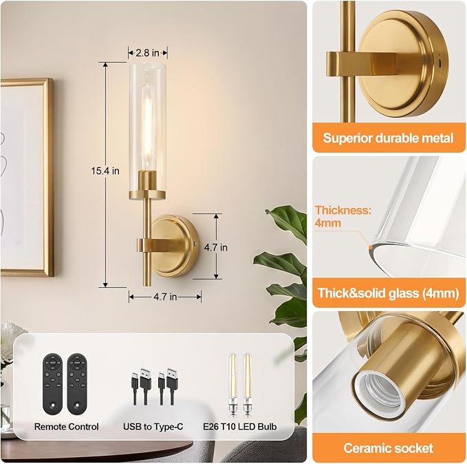 Battery Operated Wall Sconce Set of 2，Brushed Gold Wireless Rechargeable Wall Lighting Fixtures with Remote Control，Dimmable Wall Light for Bathroom ，Vanity, Living Room, Bedroom, Hallway, Stairway