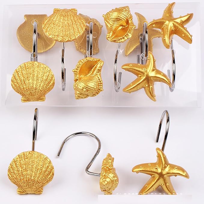 Seashell Shower Curtain Hooks 12pcs Beach Shower Curtain Rings Bath Shower Hooks Rust Proof Curtain Hangers Coastal Bathroom Accessories Decor (Golden)