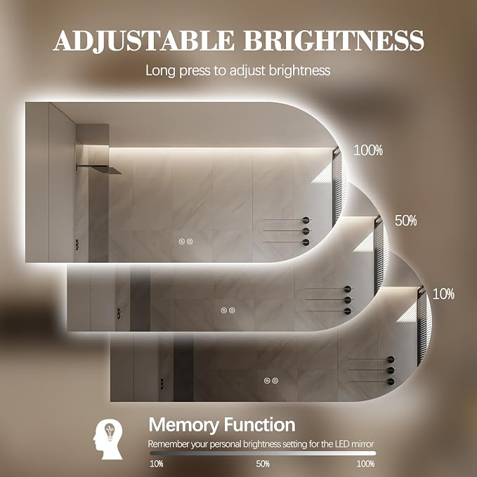 Arched LED Bathroom Mirror, 48"x24" Arch Framless Backlit Mirror with Lights Vanity Mirror for Makeup, Anti-Fog, Dimmable, 3-Color, Memory Function, IP65 Waterproof, UL Listed, Horizontal-Left