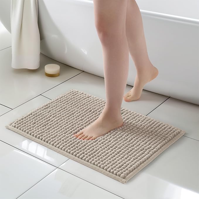 FRESHMINT Thick Chunky Chenille Bathroom Rug, Beige, 17"x24" | Non-Slip Backing, Water Absorbent Surface, Machine Washable Care, Cushioned Comfort, Bathroom Floor Use