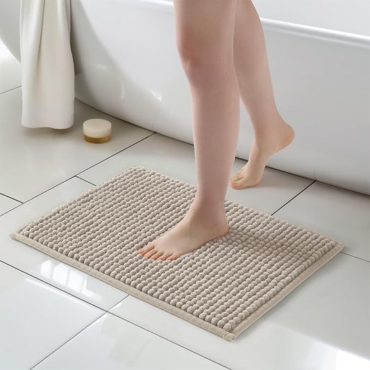 FRESHMINT Thick Chunky Chenille Bathroom Rug, Beige, 17"x24" | Non-Slip Backing, Water Absorbent Surface, Machine Washable Care, Cushioned Comfort, Bathroom Floor Use