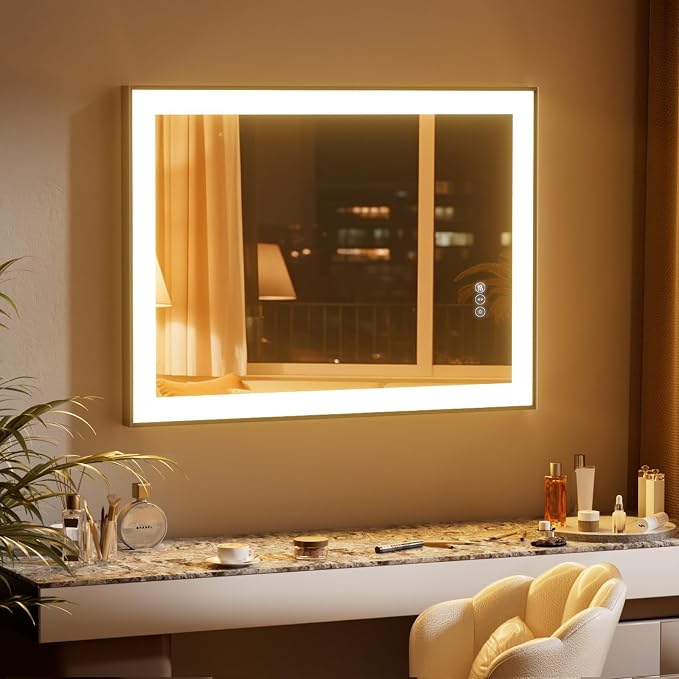 HARRITPURE Vanity Mirror with Lights, 24"x 32" LED Bathroom Mirror | Black Framed Lighted Mirror for Wall, Anti-Fog, Stepless Dimmable, 3 Color Modes, Memory Function
