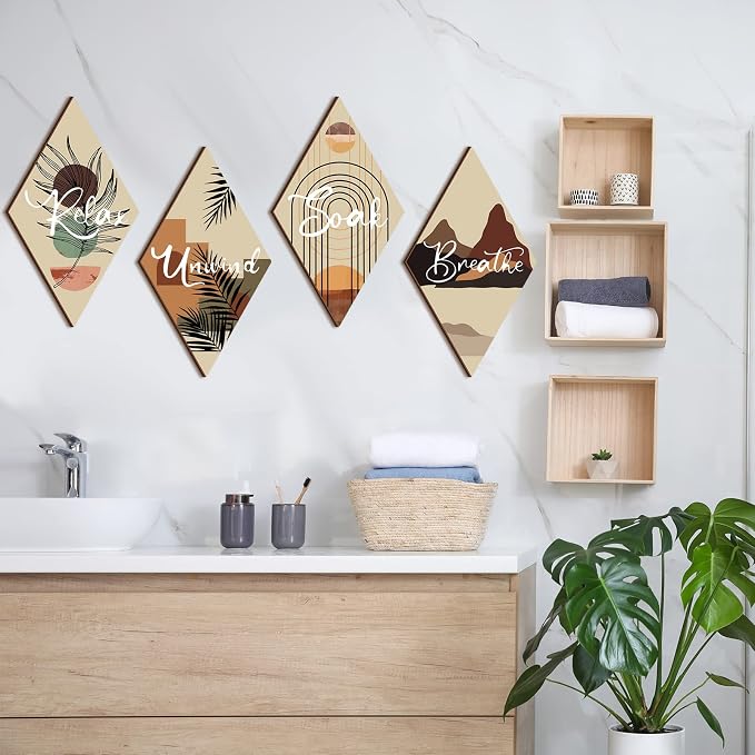 FairySandy 4 Pcs Boho Bathroom Wall Decor 11.8 x 6.7 In Boho Bathroom Decor | Boho Bathroom Wall Decor Boho Wooden Hanging Wall Art Relax Soak Unwind Breathe Sign for Bedroom Living Room Home Decoration
