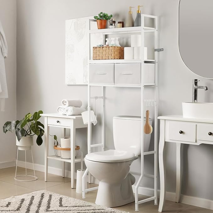 YBING Over The Toilet Storage Cabinet, Over Toilet Bathroom Organizer with Drawer, Roll Holder and Hooks, Bathroom Storage Cabinet, Wooden, White
