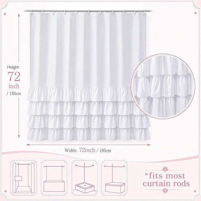 Hahafelt White Dorm Ruffle Shower Curtain 72 x 72 Inches, Half Ruffle | Fabric Preppy Ruffled Shower Curtain with 12 Hooks, Cute Dorm Bathroom Decor, Farmhouse College High School Bathroom Decor