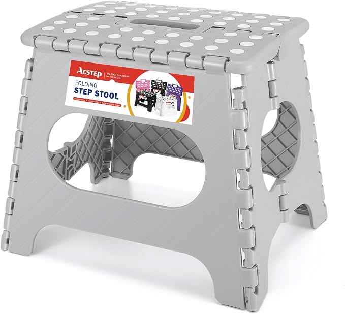 11" Folding Step Stool for Kids, Holds 300 lb Foldable Stools, Gray | Heavy Duty Collapsible Foot Stool, Lightweight with Built-in Handle, Non-Slip for Adults Kitchen Bathroom Bedroom Outdoor