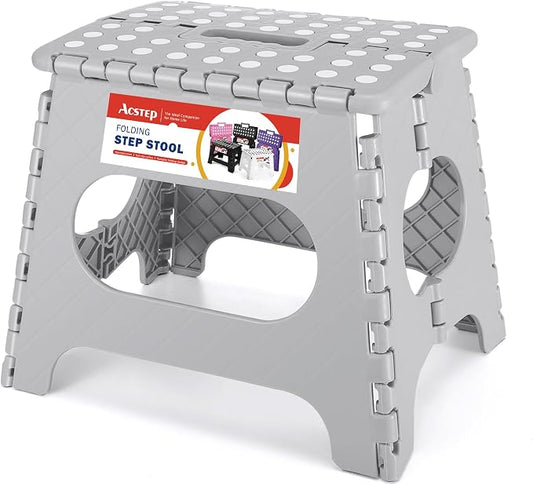 11" Folding Step Stool for Kids, Holds 300 lb Foldable Stools, Gray | Heavy Duty Collapsible Foot Stool, Lightweight with Built-in Handle, Non-Slip for Adults Kitchen Bathroom Bedroom Outdoor