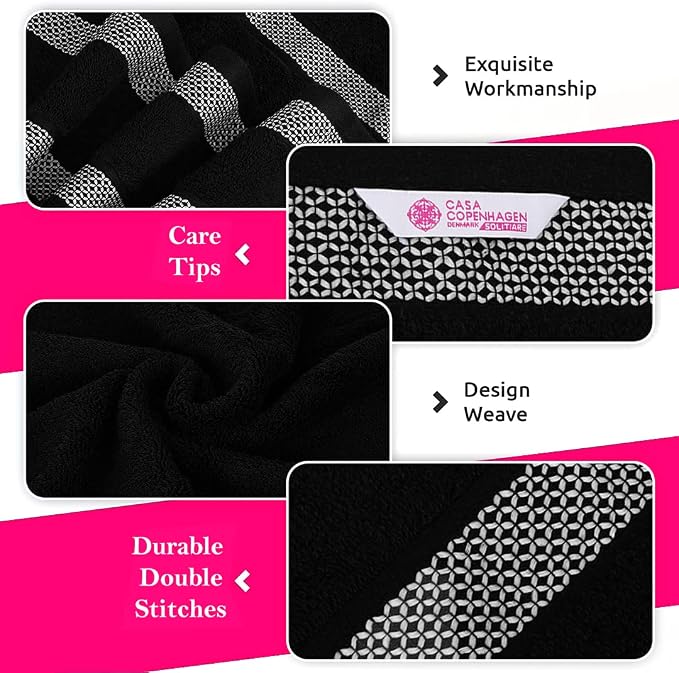 CASA COPENHAGEN Solitaire 6 Pieces Towel Set- Black, 600 GSM 2 Bath Towel 2 Hand Towel 2 Washcloth, Designed in Denmark Made of Soft Egyptian Cotton for Bathroom, Kitchen & Shower