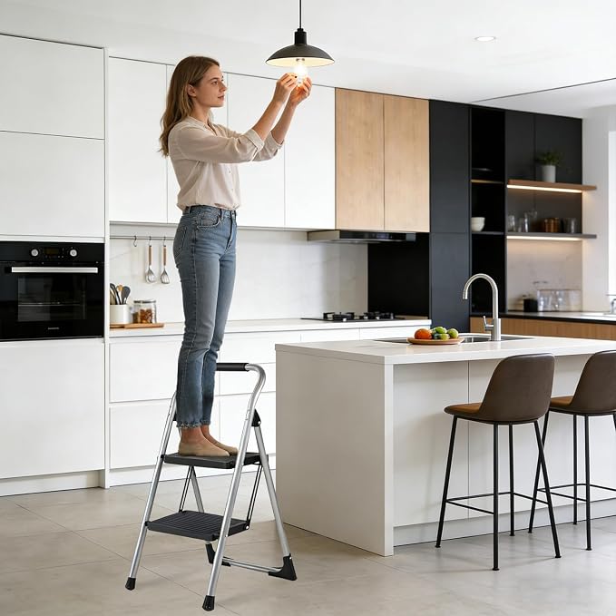 Step Stool for Adults,2 Step Ladder Folding 330lbs Anti Slip Step Stool,Foldable Ergonomic 2 Steel Stool with Wide Pedal for Home, Kitchen, Office (Sliver)