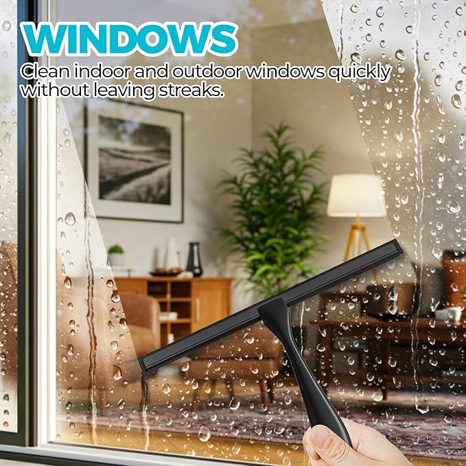 12" Shower Squeegee for Glass Doors, Tile Walls, Car Windows, Black | Bathroom accessories, new home essentials, silicone blade, metal handle, adhesive hook, household tool, multipurpose cleaner