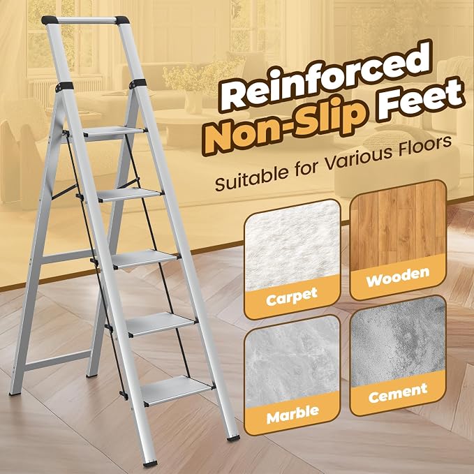 HBTower 5 Step Ladder, Lightweight Aluminum Folding Step Stool | Anti-Slip Wide Pedal, 330lbs Capacity Step Ladder for Household Kitchen Office, Light Silver