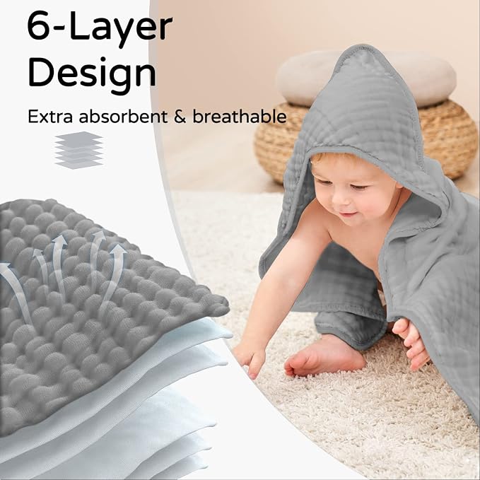 Yoofoss Hooded Baby Towels for Newborn 2 Pack 100% Muslin Organic Cotton Baby Bath Towel with Hood for Babies, Infant, Toddler and Kids, 32x32Inch, Soft and Absorbent Newborn Essential,Grey& Dark Blue
