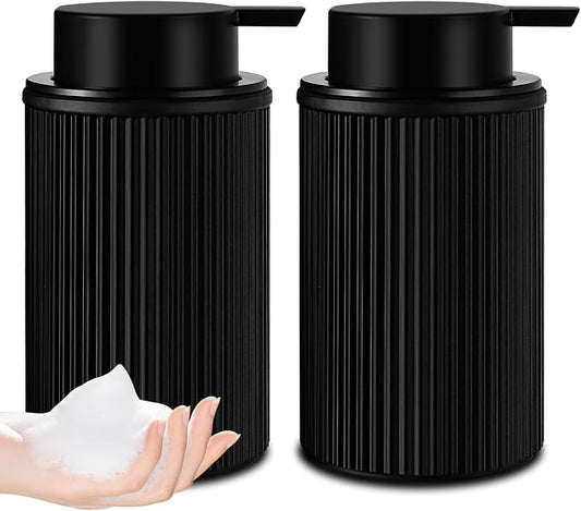 KASUNTING Matte Black Foaming Soap Dispenser, 2 Pack Ribbed Glass Foam Hand Soap Dispenser for Bathroom, Refillable Foaming Pump Bottle with Black Pump, Modern Dish Soap Foam Dispenser