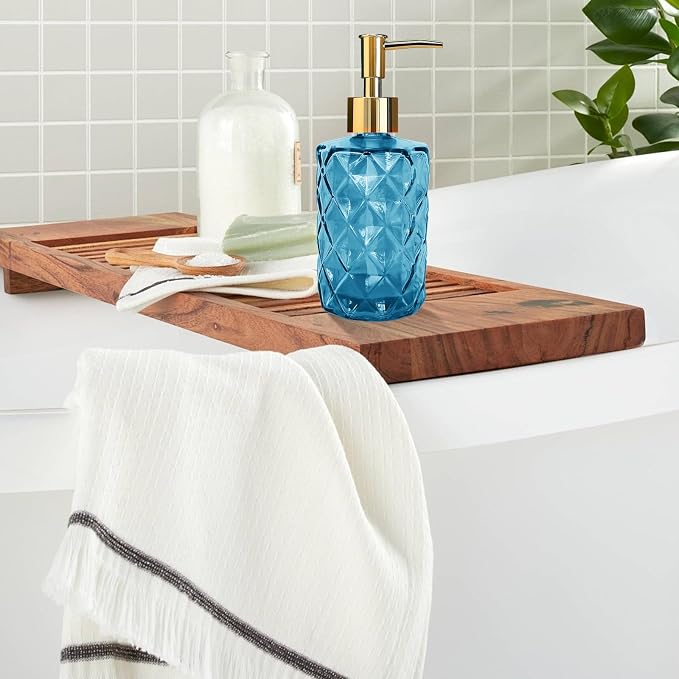 Blue Glass Soap Dispenser, Bathroom Shower & Shampoo Dispenser, Foam Hand Soap Dispenser with Gold Pump,11Oz/330ml Refillable Kitchen Dish Soap Bottle for Home Hotel