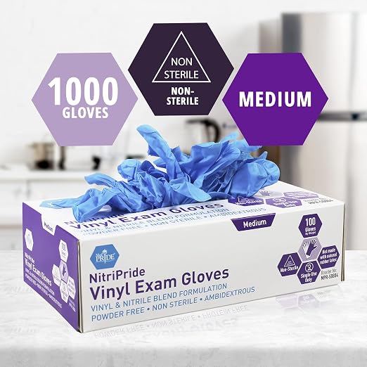 MED PRIDE Nitrile/Vinyl Blend Exam Gloves,Powder-Free,Blue,Medium,1000-Ct