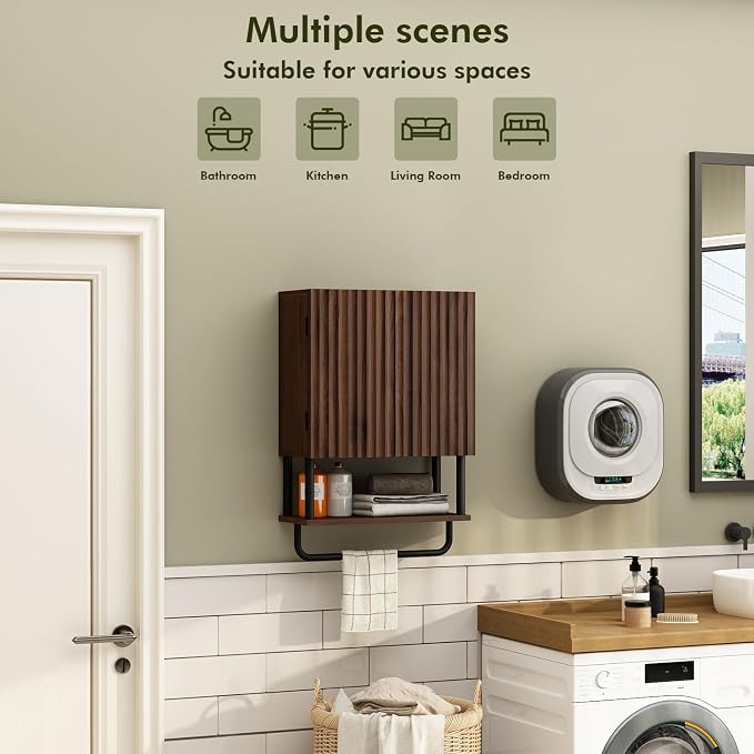 RUSTOWN Fluted Bathroom Wall Cabinet with 2 Doors, 3-Tier Medicine Cabinet | Modern Farmhouse Wall Mounted Cabinets, Over The Toilet Storage Cabinet, Adjustable Shelf and Towel Bar, Small