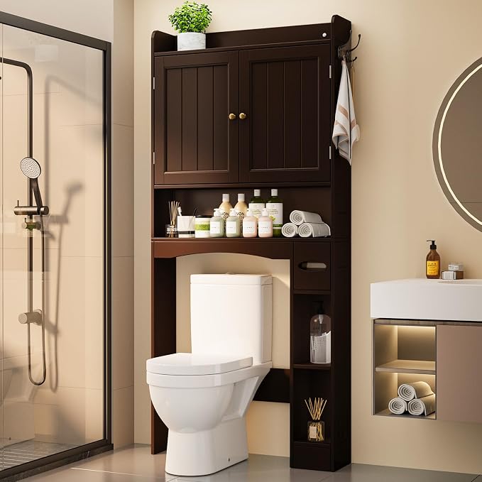 Over The Toilet Storage Cabinet, 32.3" W, Grey | Over Toilet Bathroom Organizer with Doors, Adjustable Shelves, Toilet Paper Holder, 2 Side Hooks, for Bathroom, Laundry