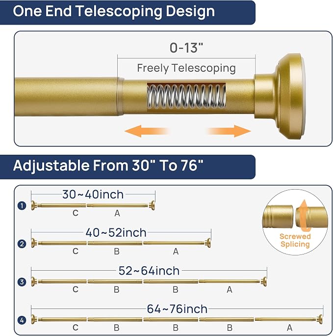 ENJOYBASICS 1" Gold Shower Curtain Rod, 30-76" Adjustable, Secure Tension | Easy No-Drill Installation, No Tools, No Gaps, Sturdy Rust-Resistant Steel, Sag-Resistant Design, Tubs, RVs, Apartments