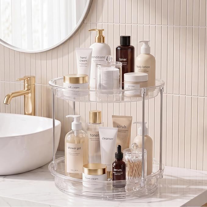 Rotating Makeup Organizer for Vanity, Skincare Holder with 2 Tier Tray | Spinning Bathroom Counter Organizer with Easy Assembly & Non-Slip Base, Stable Vanity Tray for Perfume, Cosmetics, Hair Care