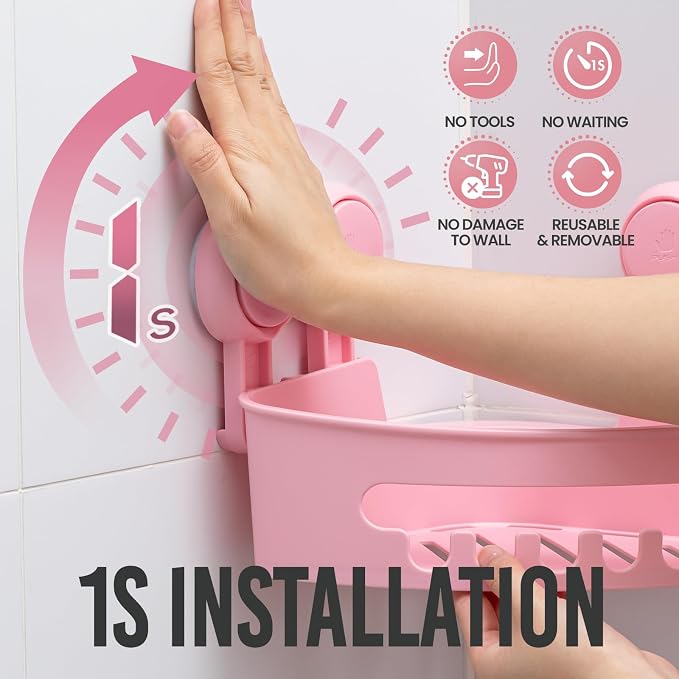 TAILI Suction Corner Shower Caddy, Bathroom Shelf Storage Basket | 2 Pack, Wall Mounted Organizer for Shampoo, Plastic Rack for Kitchen and Bathroom, Drill-Free Removable-PINK