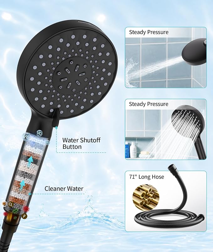 SR SUN RISE Filtered Shower Head with Handheld High Pressure 9 Spray Mode Showerhead Detachable Shower Head Water Softener Filters Beads for Hard Water Remove Chlorine 4 Filters Matte Black