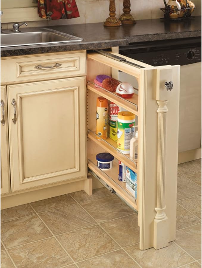 Rev-A-Shelf Pullout Filler for Between Base Kitchen Cabinets, Wooden Pantry Storage Shelves for 6" W x 30" H Opening, New Install Only, 432-BF-6C