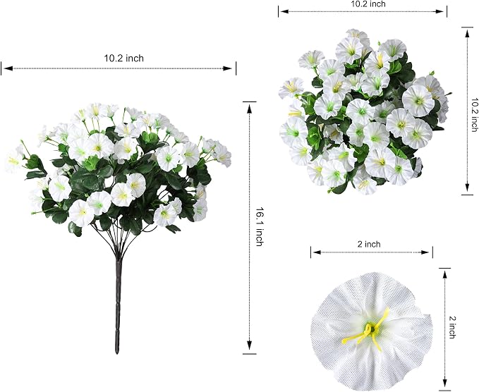 Artificial Flowers for Outdoors Fake Plants Outside Decoration, 4 Bundles Silk White Morning Glory UV Resistant Look Real Faux Flowers for Planter Front Door Porch Patio Yard Gardens Balcony