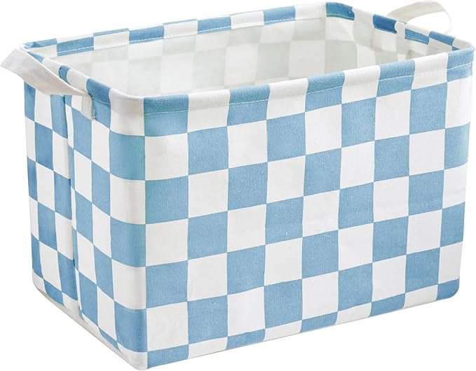 Ohocut Blue White Checkered Canvas Basket, Rectangular Organizing Decorative Storage Basket for Kids Dog Toy, Cute Aesthetic Race Cars Boy Room Decor for Home, Kitchen, Bedroom, Classroom, Shelves