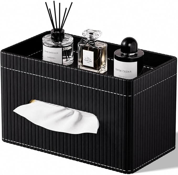 Ribbed PU Leather Tissue Box Cover with Storage Tray, Rectangular Facial Tissue Holder for Bathroom Vanity, Nightstand & Office Desk, Modern Decorative Tissue Dispenser (Matte Black)