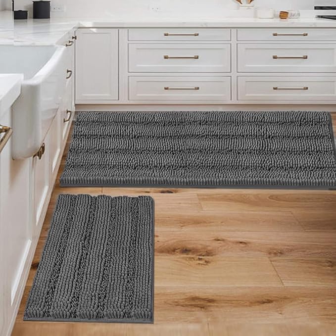 H.VERSAILTEX 2 Piece Bathroom Set - Super Absorbent Chenille Striped Bath Mats - Non Skid, Machine Washable - Grey, 47 x 17 Plus 17 x 24 - Inches