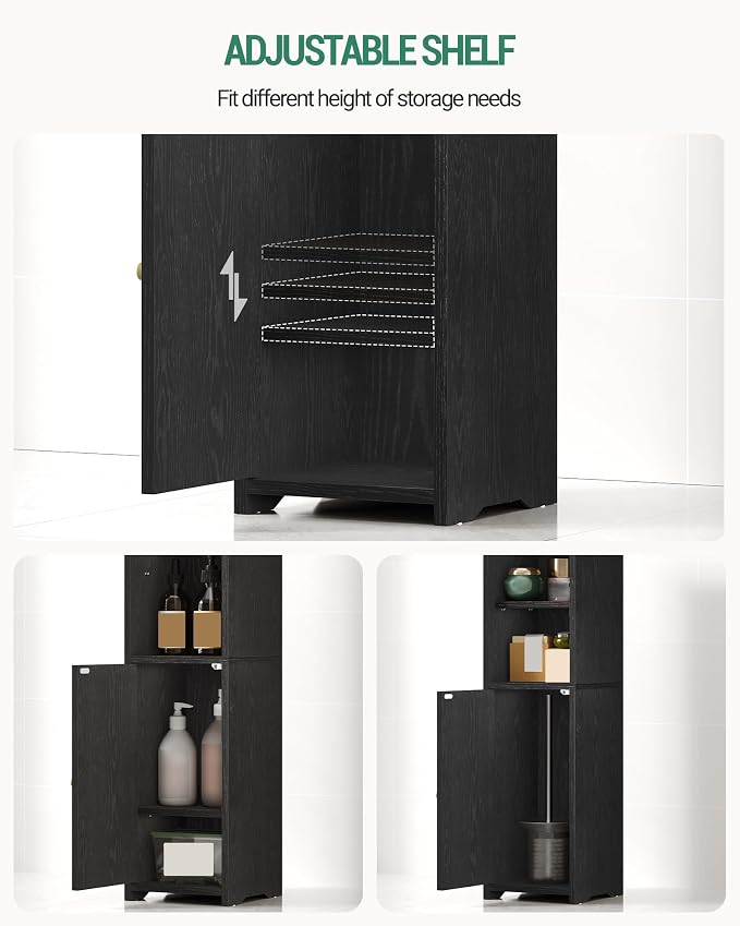 Hzuaneri Bathroom Storage Cabinet, Narrow Toilet Paper Cabinets with Doors | Small Corner Floor Cabinet with Doors and Adjustable Shelf, Bathroom Organizer for Small Spaces, Black BC19704X