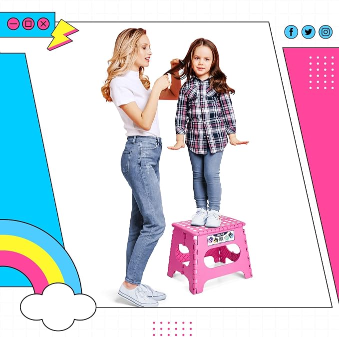 Delxo Folding Step Stool 11 Inch,300 Lbs Step Stool for Kids & Adults Pink | Foldable Step Stool 11",Non-Slip Foot Stools with Handle,Lightweight Collapsible stools for Kitchen,Bathroom,Bedroom,Garden