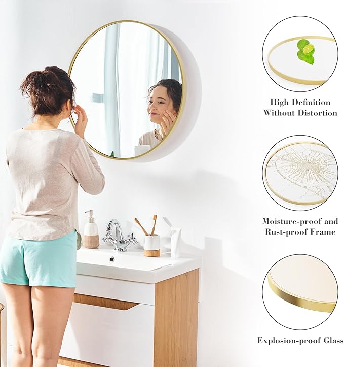 NEWBULIG 30 Inch Round Bathroom Mirror, Wall Mount Vanity Mirror | Circle Mirror for Over Sink, Matte Metal Frame, Entryway Decor, Bedroom Decor, Gold