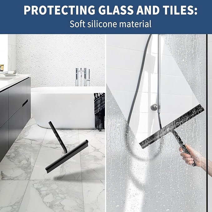 ecooe Shower Squeegee for Glass Doors,13" Large Shower Glass Cleaner | Silicone Streak-Free Wiper with Hanger and Stainless Steel Core for Bathroom, Kitchen & Car Windows, Black